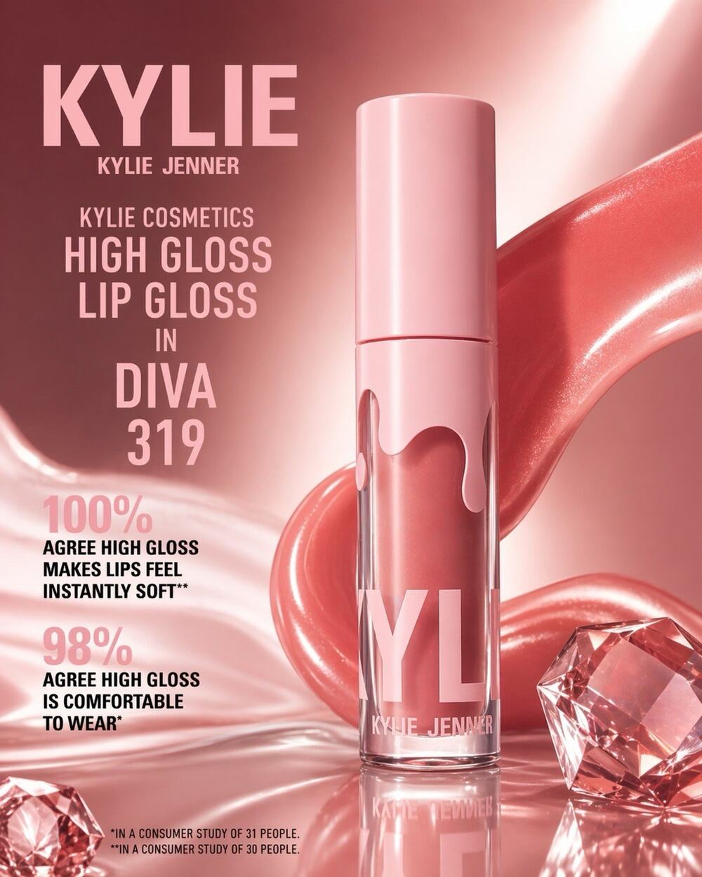 NEW Kylie Cosmetics High Gloss Diva 319 Lip Gloss Pink Brown Hydrating Shine